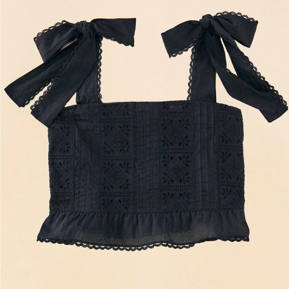 FARM Rio Black Eyelet Tie-Shoulder Cropped Top